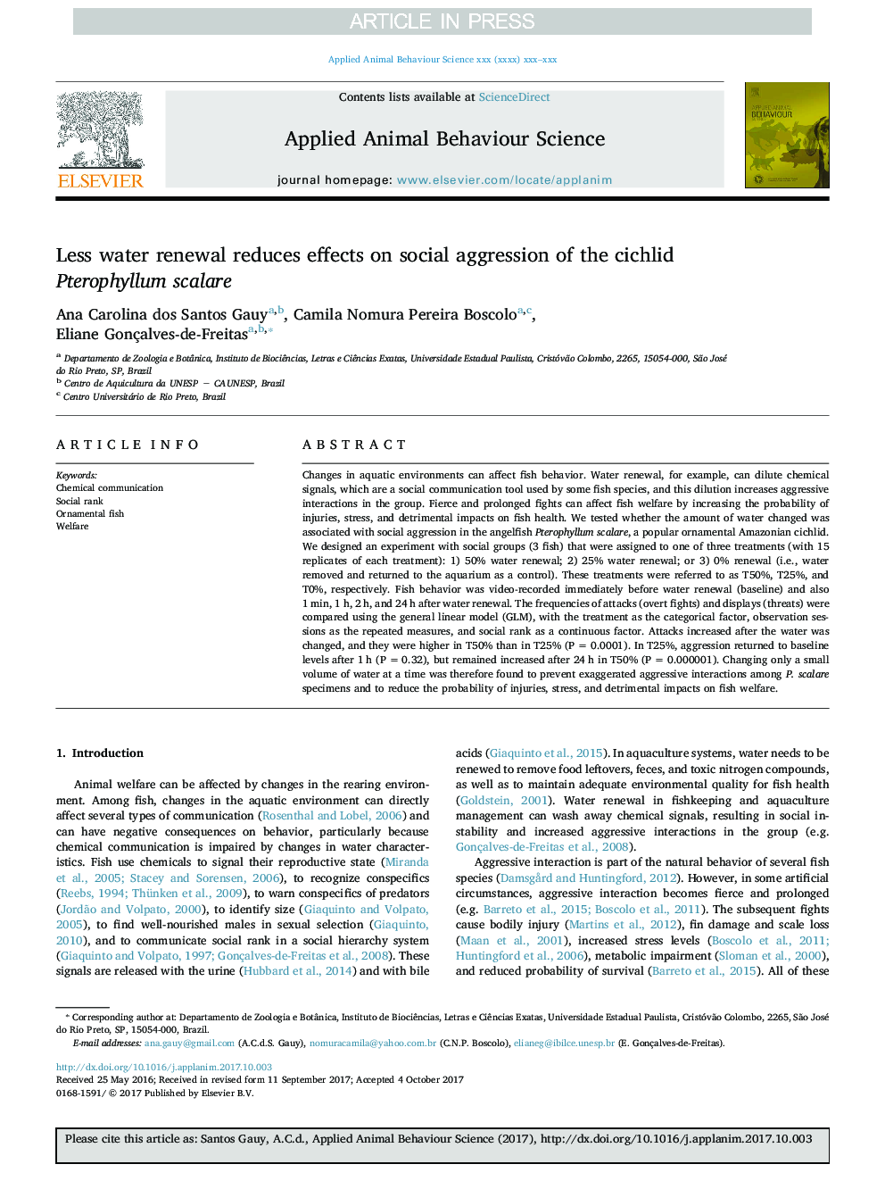 Less water renewal reduces effects on social aggression of the cichlid Pterophyllum scalare