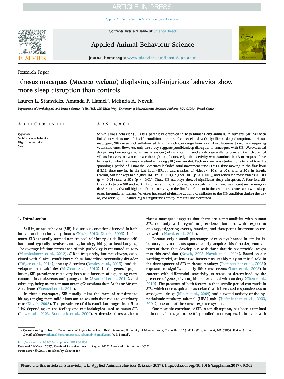 Rhesus macaques (Macaca mulatta) displaying self-injurious behavior show more sleep disruption than controls