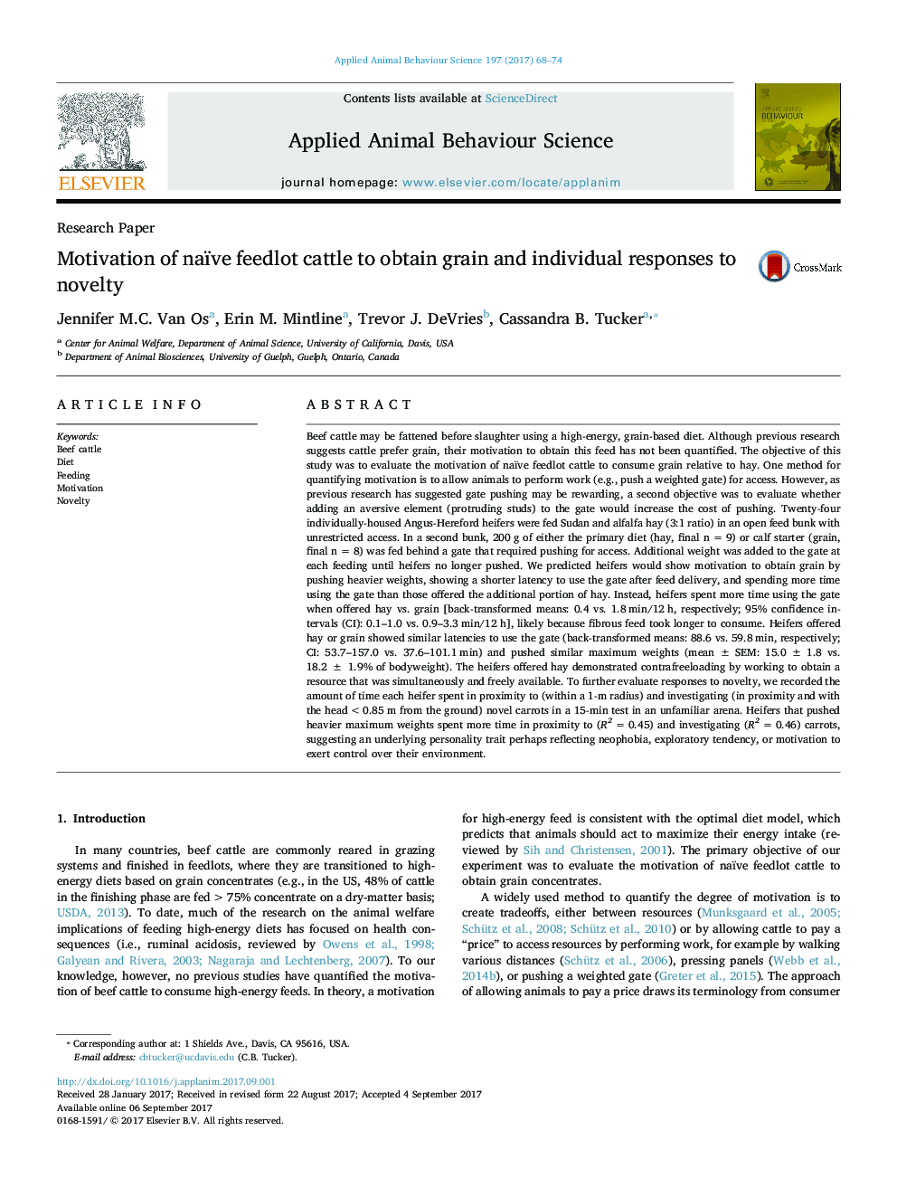 Motivation of naïve feedlot cattle to obtain grain and individual responses to novelty