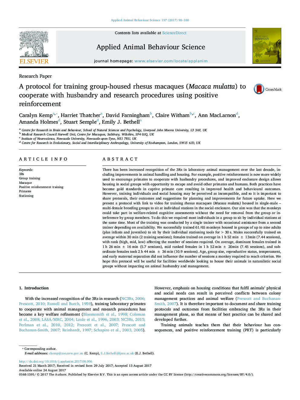 A protocol for training group-housed rhesus macaques (Macaca mulatta) to cooperate with husbandry and research procedures using positive reinforcement