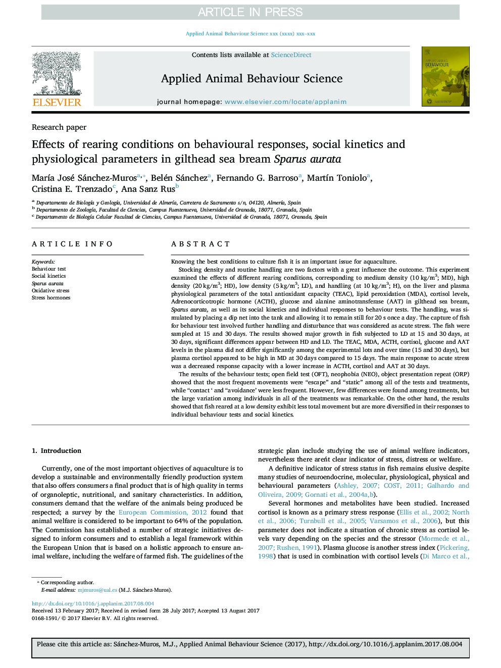 Effects of rearing conditions on behavioural responses, social kinetics and physiological parameters in gilthead sea bream Sparus aurata