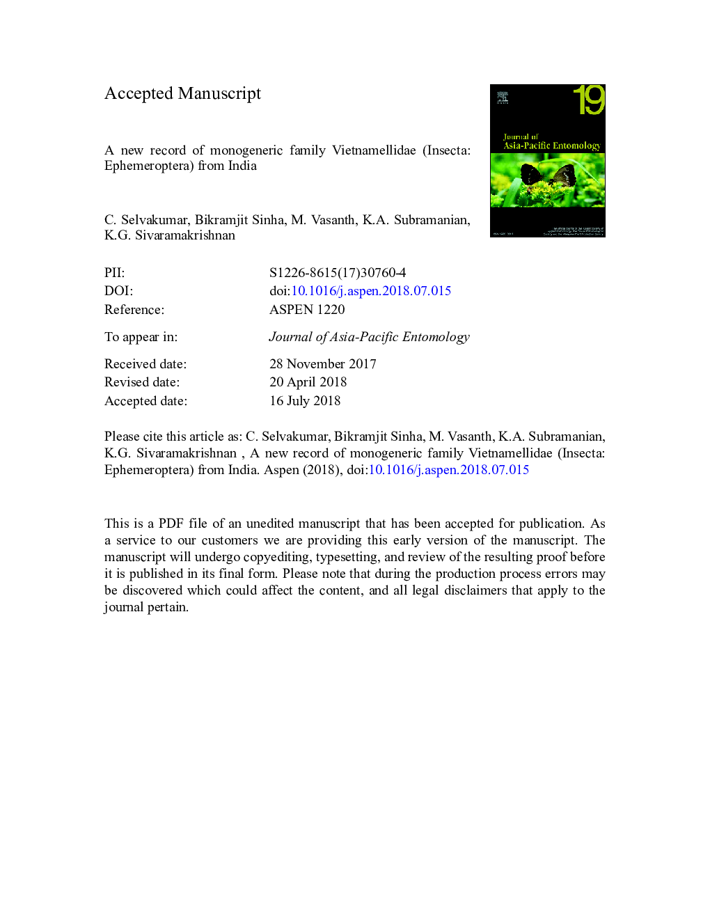 A new record of monogeneric family Vietnamellidae (Insecta: Ephemeroptera) from India