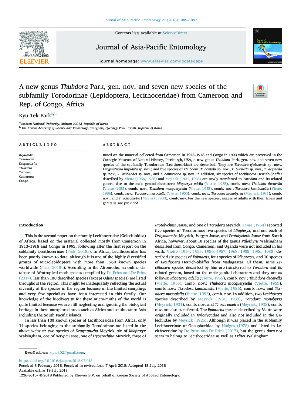 A new genus Thubdora Park, gen. nov. and seven new species of the subfamily Torodorinae (Lepidoptera, Lecithoceridae) from Cameroon and Rep. of Congo, Africa