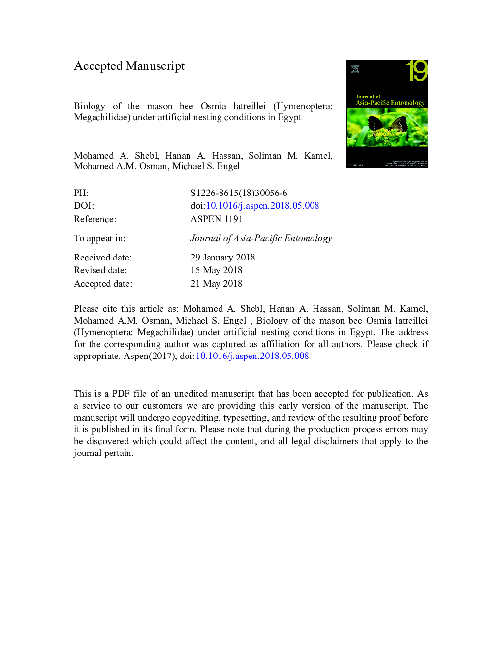 Biology of the mason bee Osmia latreillei (Hymenoptera: Megachilidae) under artificial nesting conditions in Egypt