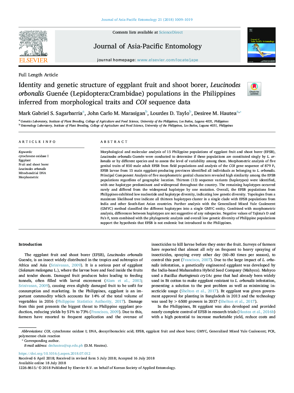 Identity and genetic structure of eggplant fruit and shoot borer, Leucinodes orbonalis Guenée (Lepidoptera:Crambidae) populations in the Philippines inferred from morphological traits and COI sequence data