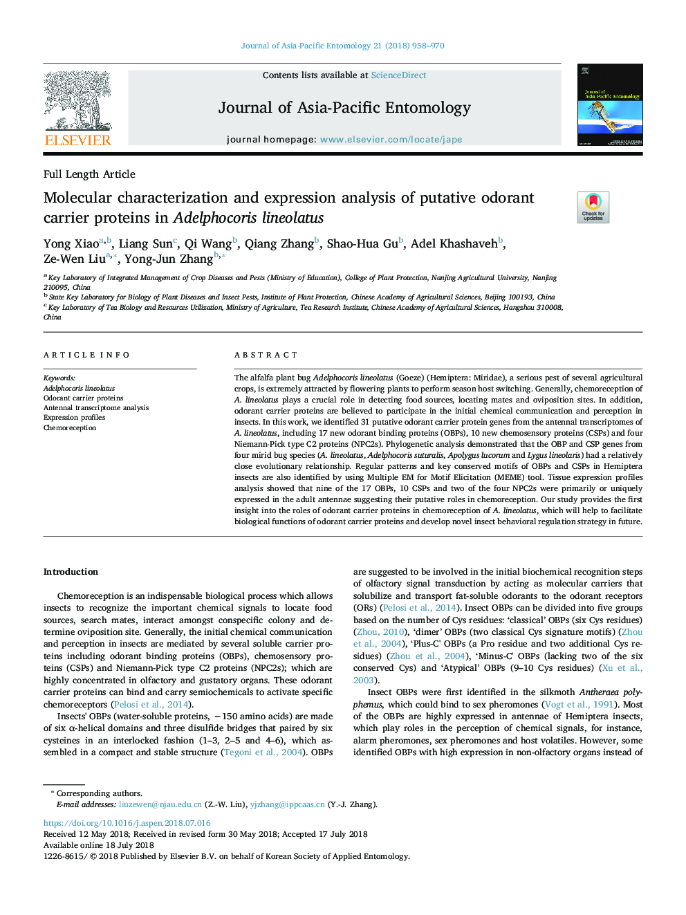 Molecular characterization and expression analysis of putative odorant carrier proteins in Adelphocoris lineolatus