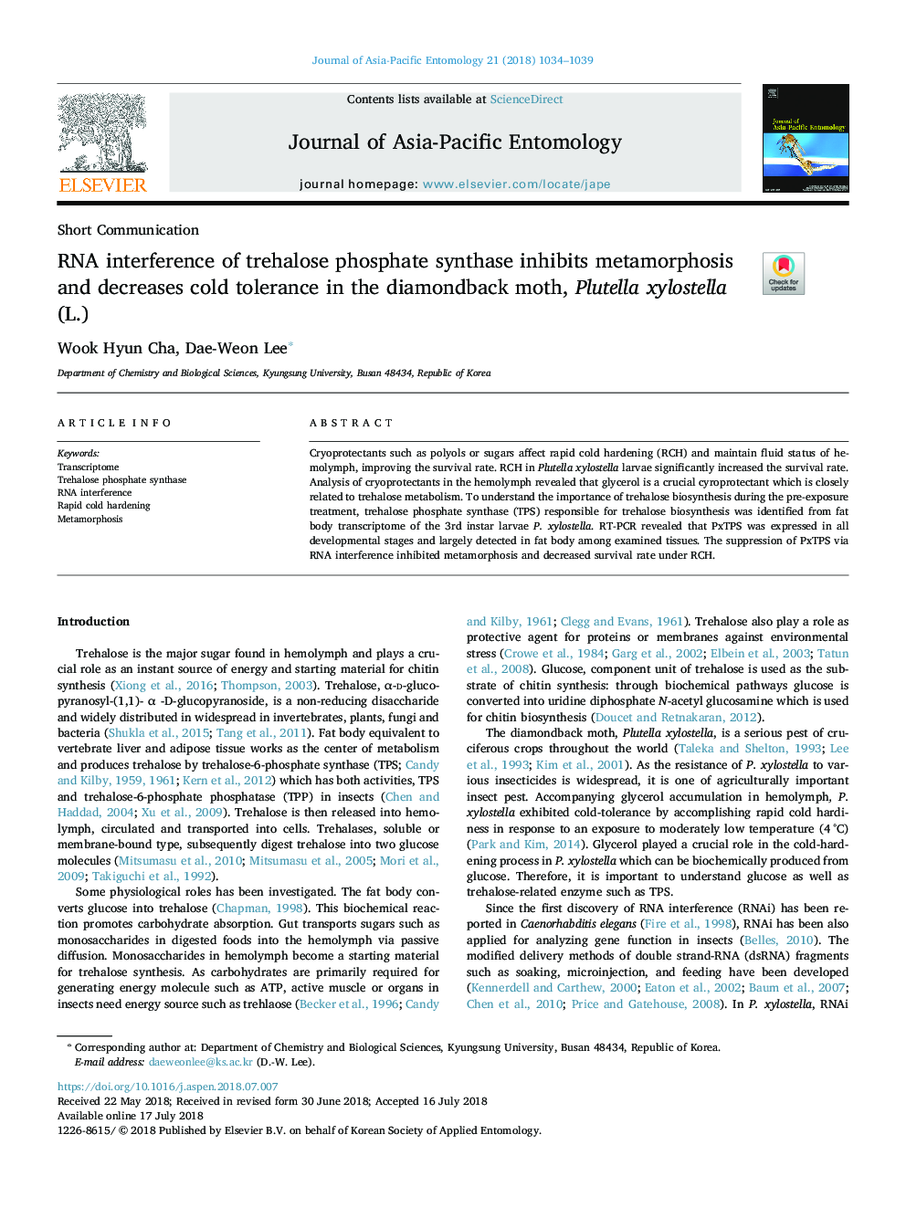 RNA interference of trehalose phosphate synthase inhibits metamorphosis and decreases cold tolerance in the diamondback moth, Plutella xylostella (L.)