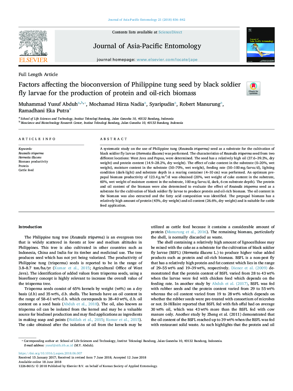 عوامل موثر بر تبدیل بیولوژیکی دانه تونگ فیلیپین توسط لاروهای پرواز سرباز سیاه پوست برای تولید پروتئین و زیست توده غنی از 