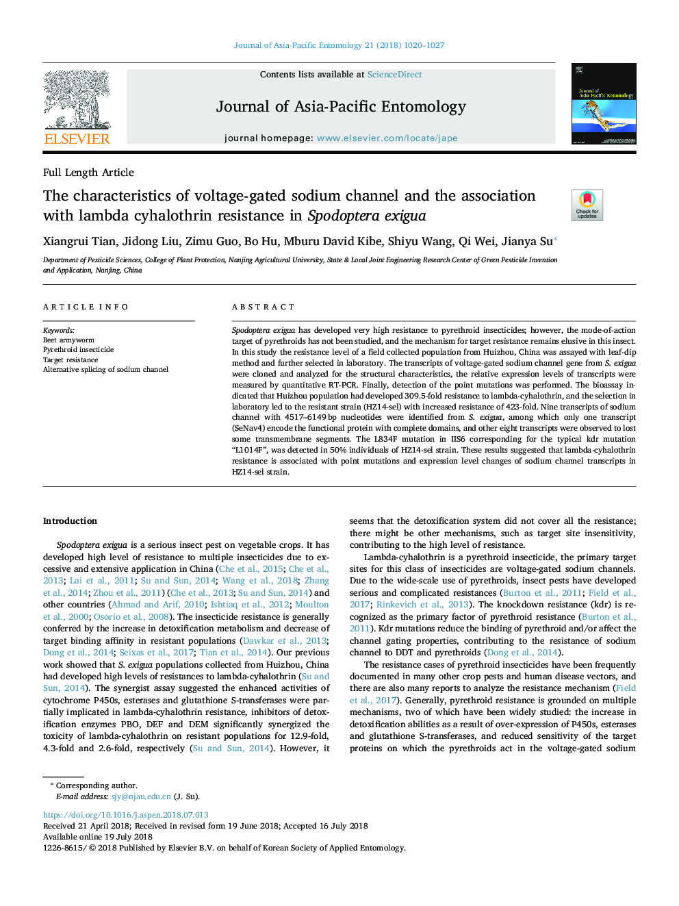 The characteristics of voltage-gated sodium channel and the association with lambda cyhalothrin resistance in Spodoptera exigua