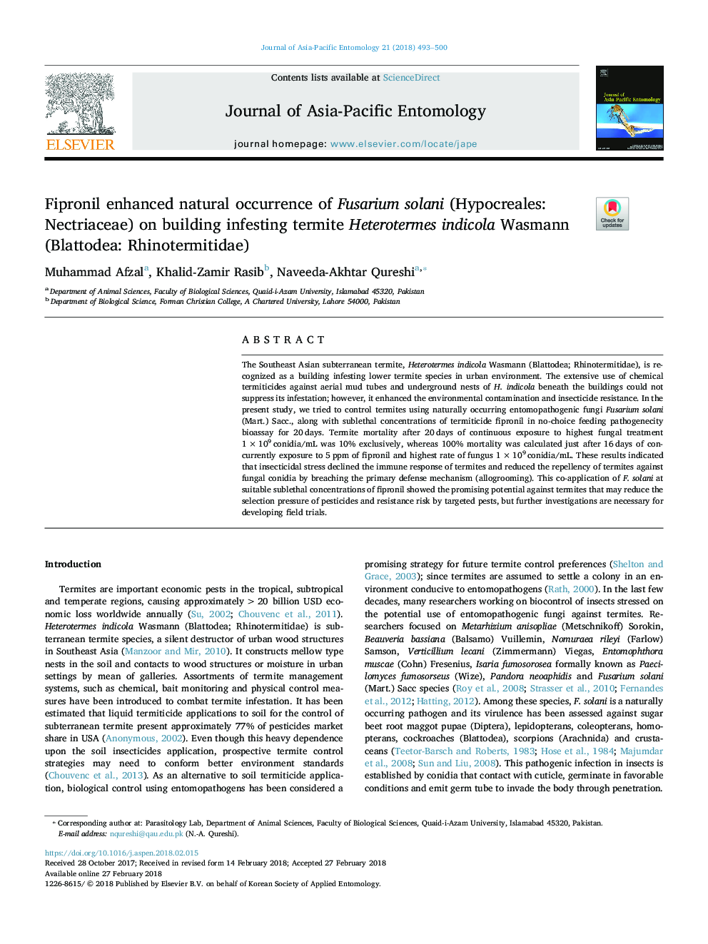 Fipronil enhanced natural occurrence of Fusarium solani (Hypocreales: Nectriaceae) on building infesting termite Heterotermes indicola Wasmann (Blattodea: Rhinotermitidae)