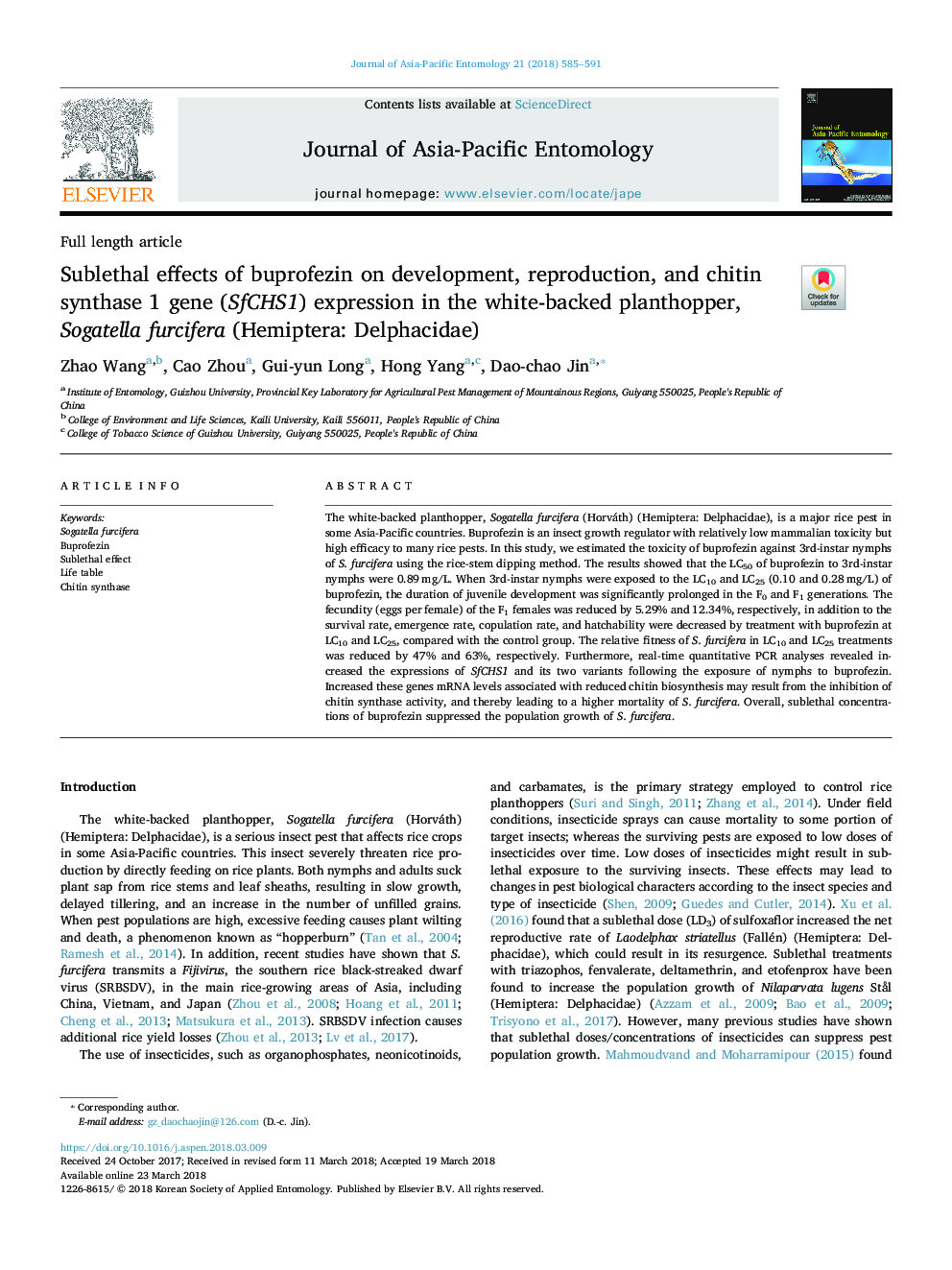 Sublethal effects of buprofezin on development, reproduction, and chitin synthase 1 gene (SfCHS1) expression in the white-backed planthopper, Sogatella furcifera (Hemiptera: Delphacidae)