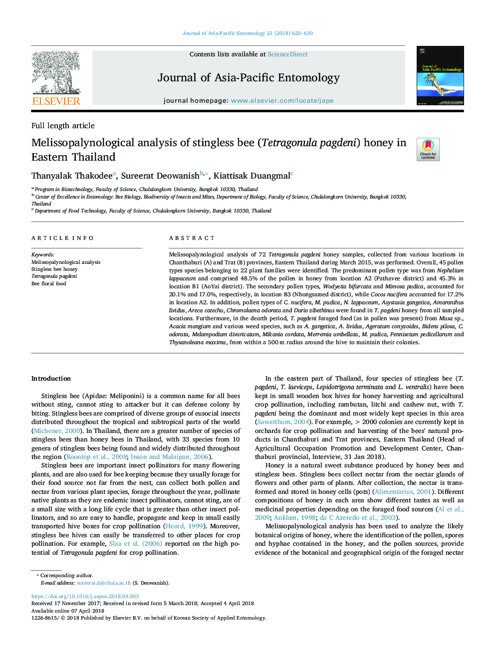 Melissopalynological analysis of stingless bee (Tetragonula pagdeni) honey in Eastern Thailand