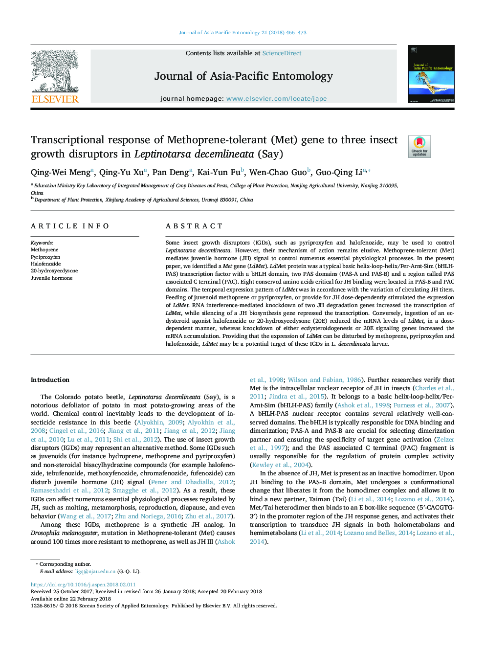 Transcriptional response of Methoprene-tolerant (Met) gene to three insect growth disruptors in Leptinotarsa decemlineata (Say)