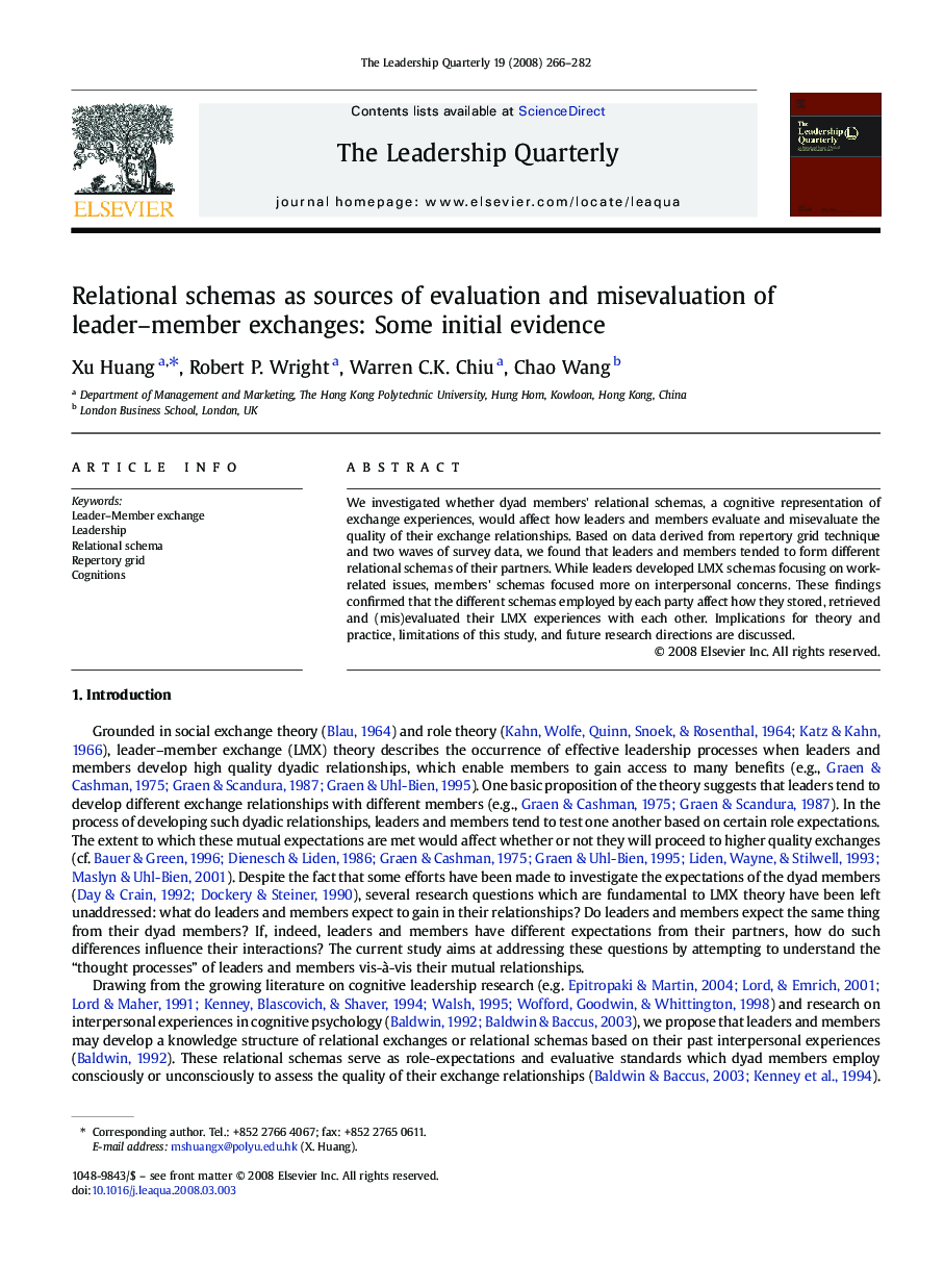 Relational schemas as sources of evaluation and misevaluation of leader–member exchanges: Some initial evidence