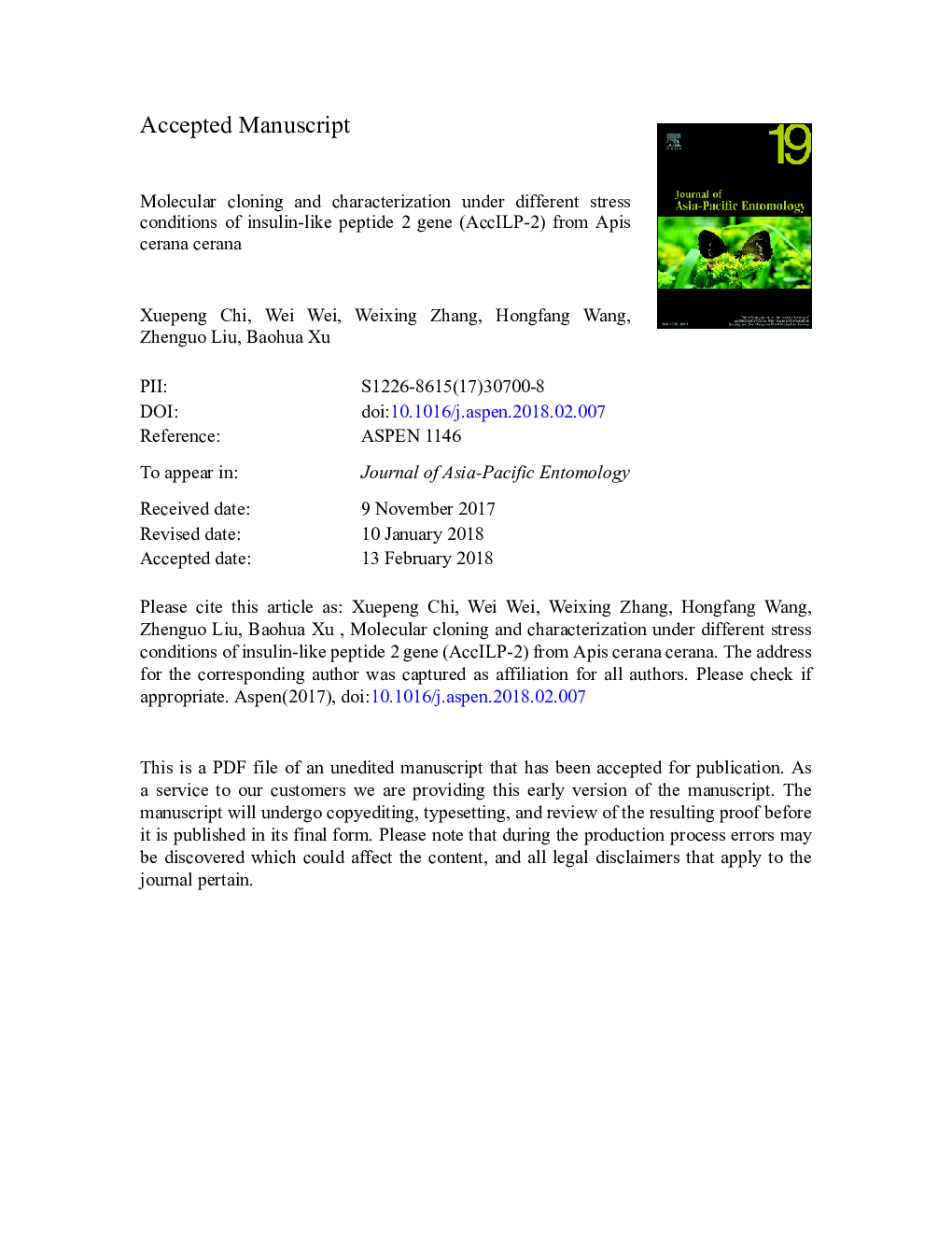 Molecular cloning and characterization under different stress conditions of insulin-like peptide 2 gene (AccILP-2) from Apis cerana cerana