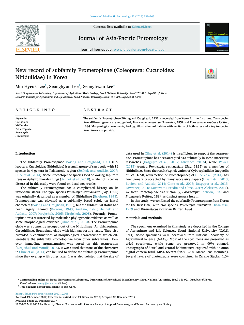 New record of subfamily Prometopinae (Coleoptera: Cucujoidea: Nitidulidae) in Korea