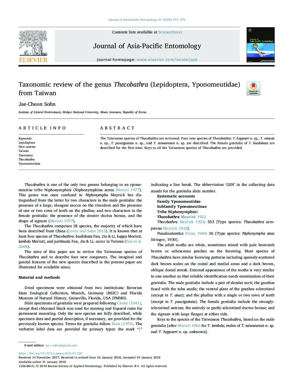 Taxonomic review of the genus Thecobathra (Lepidoptera, Yponomeutidae) from Taiwan