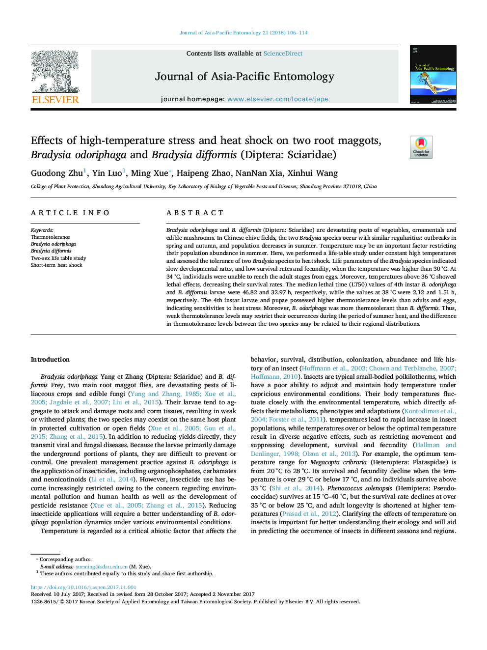 Effects of high-temperature stress and heat shock on two root maggots, Bradysia odoriphaga and Bradysia difformis (Diptera: Sciaridae)