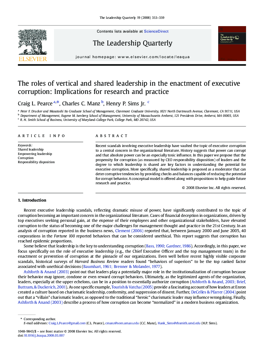 The roles of vertical and shared leadership in the enactment of executive corruption: Implications for research and practice