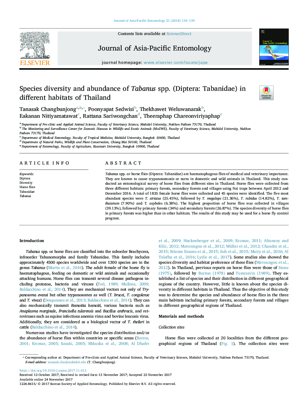 Species diversity and abundance of Tabanus spp. (Diptera: Tabanidae) in different habitats of Thailand