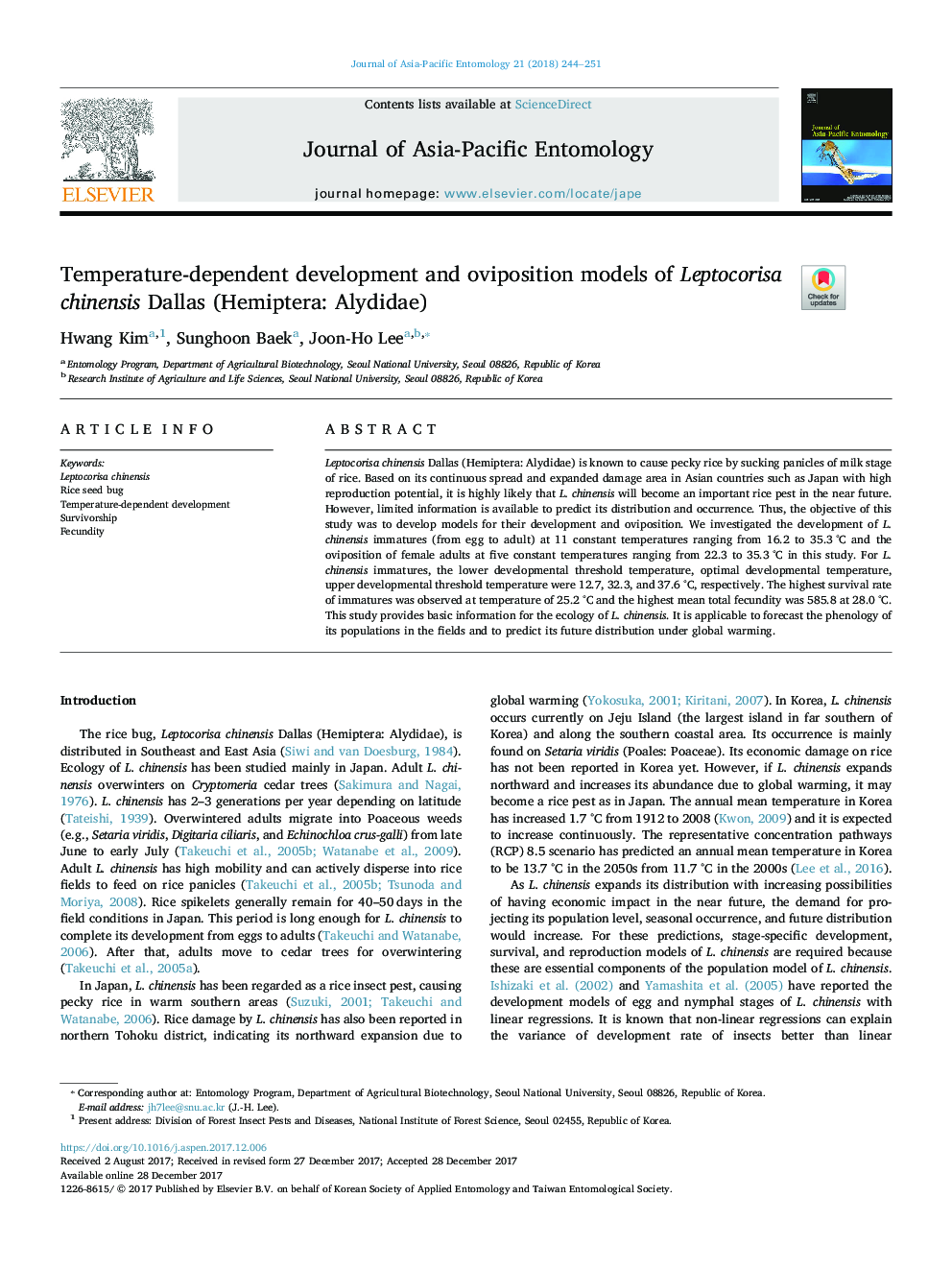 Temperature-dependent development and oviposition models of Leptocorisa chinensis Dallas (Hemiptera: Alydidae)