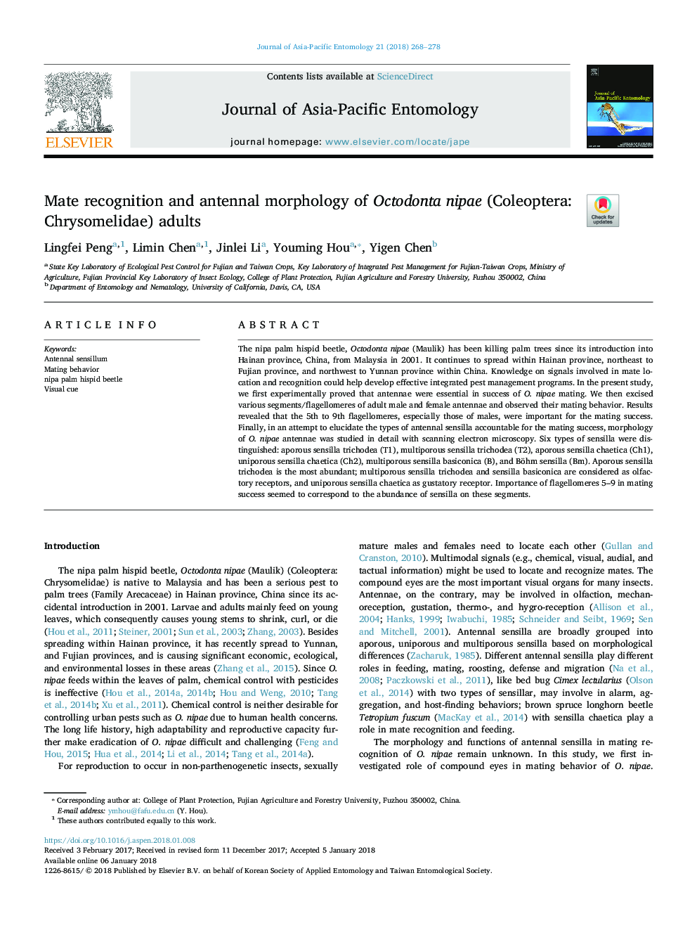 Mate recognition and antennal morphology of Octodonta nipae (Coleoptera: Chrysomelidae) adults