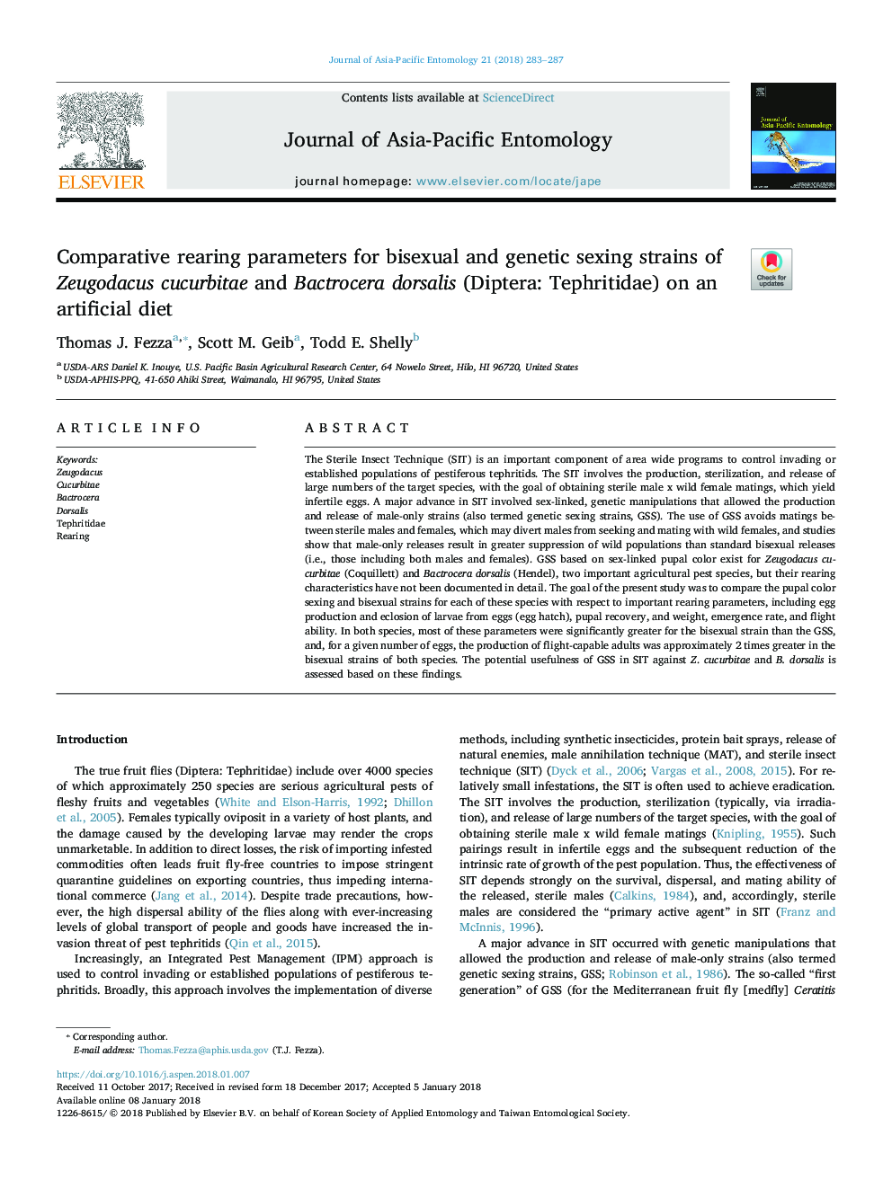 Comparative rearing parameters for bisexual and genetic sexing strains of Zeugodacus cucurbitae and Bactrocera dorsalis (Diptera: Tephritidae) on an artificial diet