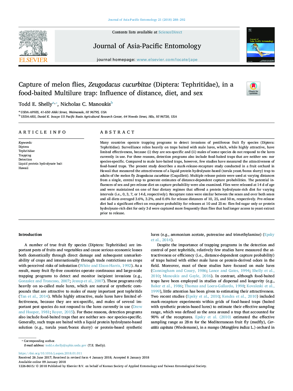 Capture of melon flies, Zeugodacus cucurbitae (Diptera: Tephritidae), in a food-baited Multilure trap: Influence of distance, diet, and sex