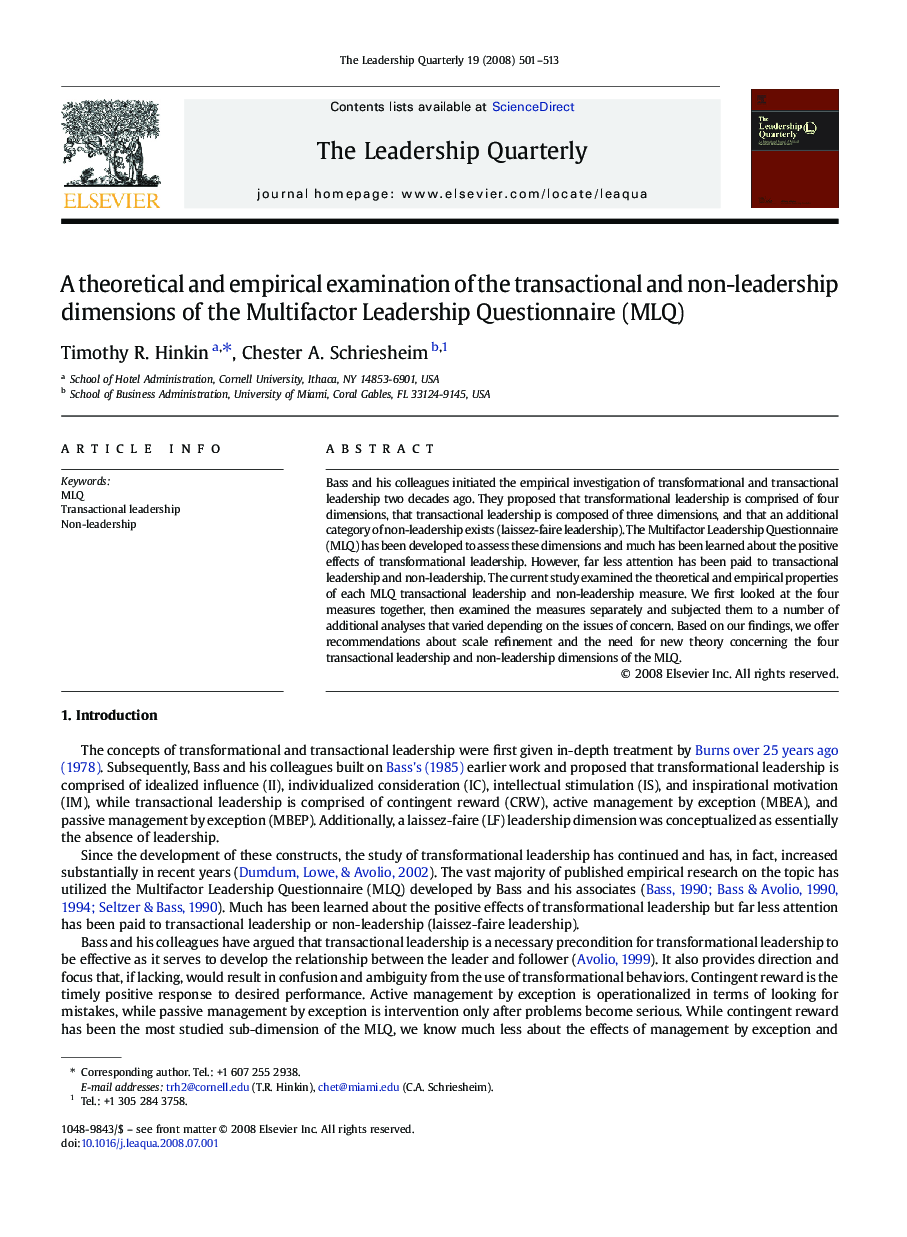 A theoretical and empirical examination of the transactional and non-leadership dimensions of the Multifactor Leadership Questionnaire (MLQ)