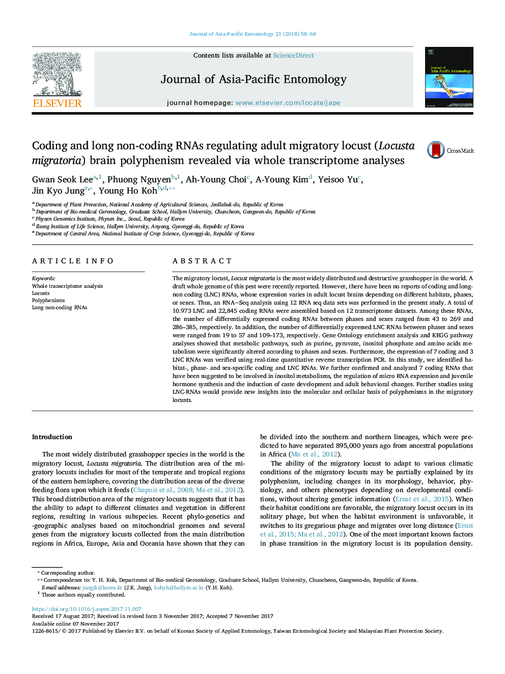 Coding and long non-coding RNAs regulating adult migratory locust (Locusta migratoria) brain polyphenism revealed via whole transcriptome analyses