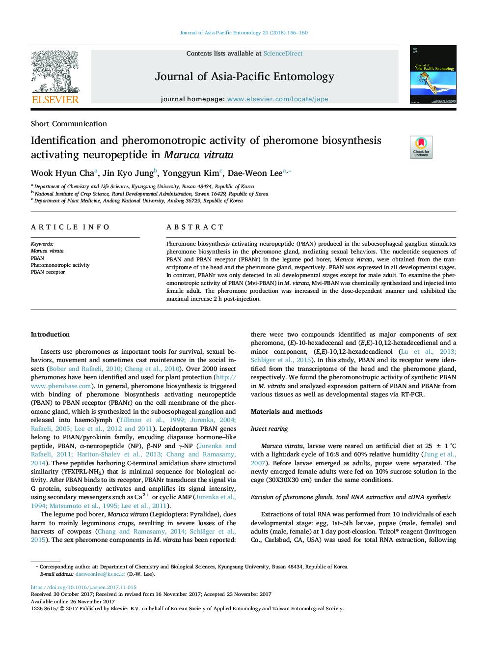 Identification and pheromonotropic activity of pheromone biosynthesis activating neuropeptide in Maruca vitrata