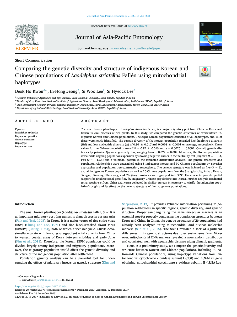 Comparing the genetic diversity and structure of indigenous Korean and Chinese populations of Laodelphax striatellus Fallén using mitochondrial haplotypes