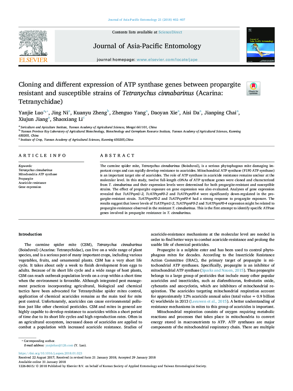 Cloning and different expression of ATP synthase genes between propargite resistant and susceptible strains of Tetranychus cinnabarinus (Acarina: Tetranychidae)