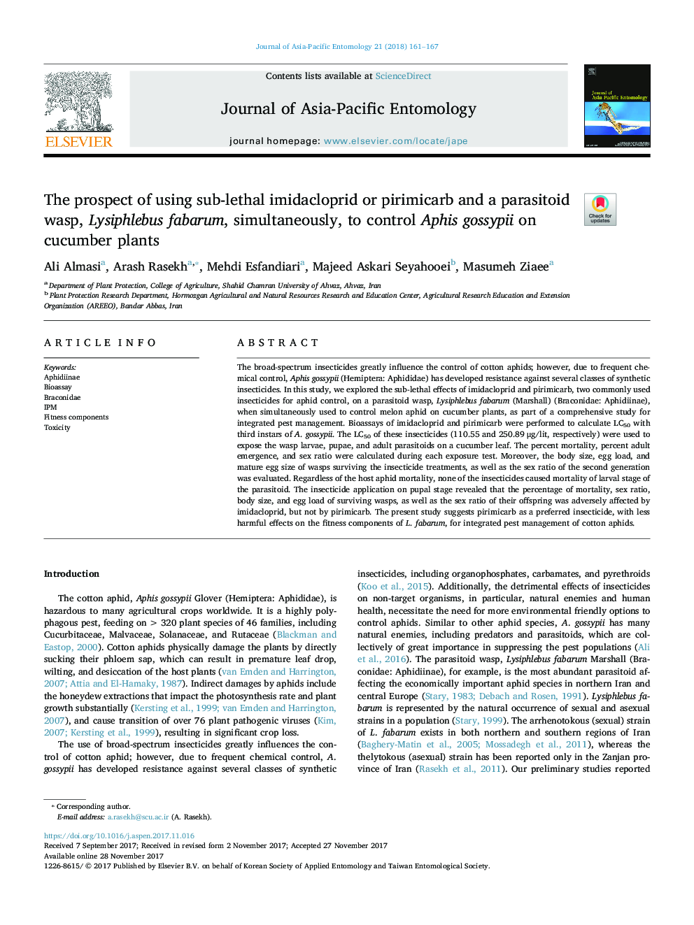 The prospect of using sub-lethal imidacloprid or pirimicarb and a parasitoid wasp, Lysiphlebus fabarum, simultaneously, to control Aphis gossypii on cucumber plants