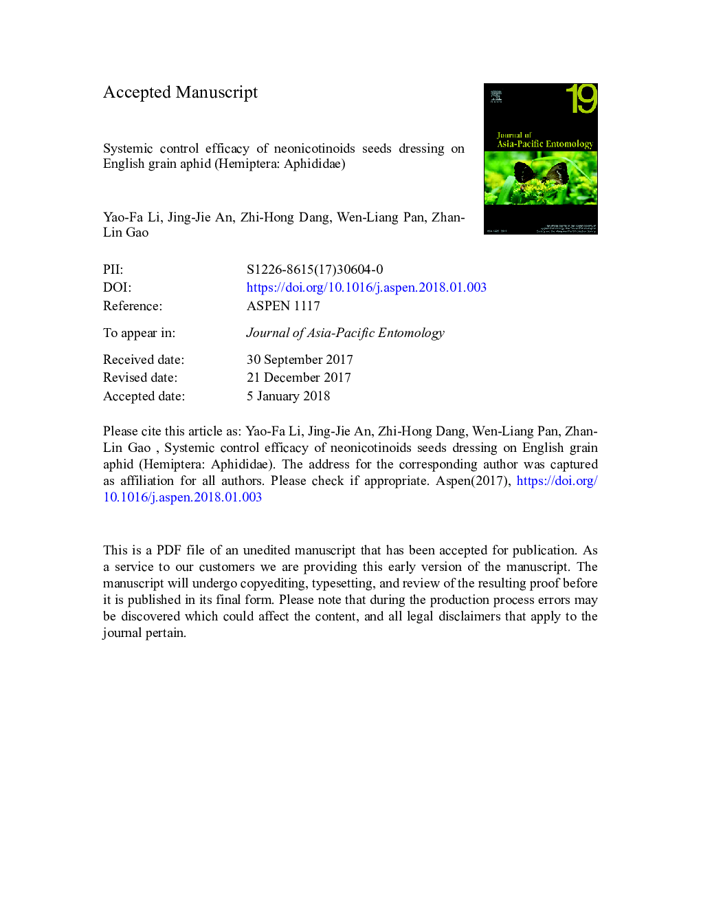 Systemic control efficacy of neonicotinoids seeds dressing on English grain aphid (Hemiptera: Aphididae)