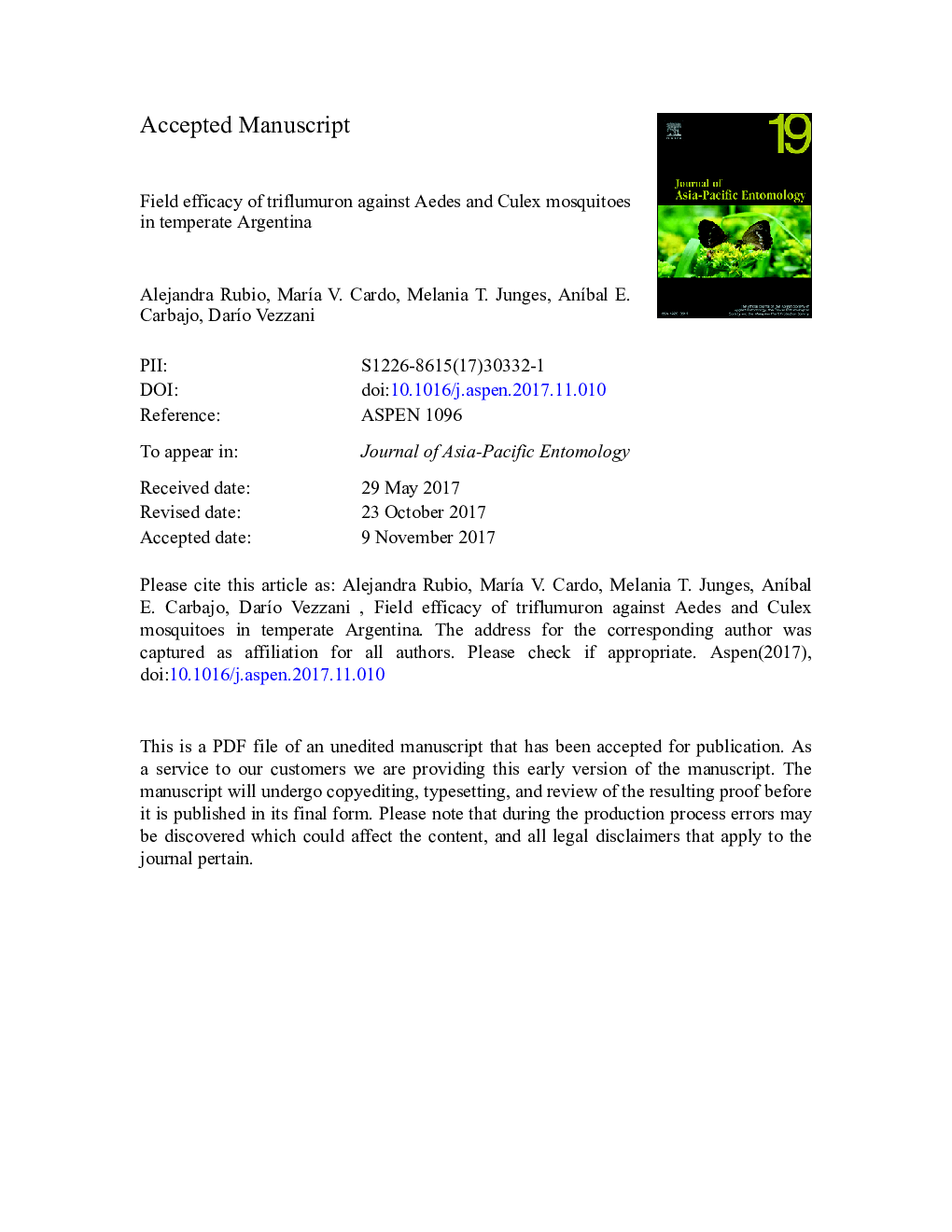 Field efficacy of triflumuron against Aedes and Culex mosquitoes in temperate Argentina