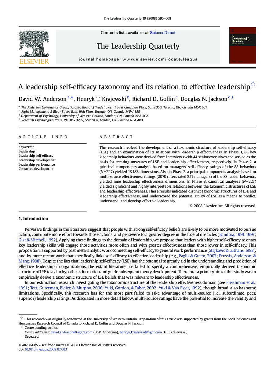 A leadership self-efficacy taxonomy and its relation to effective leadership 