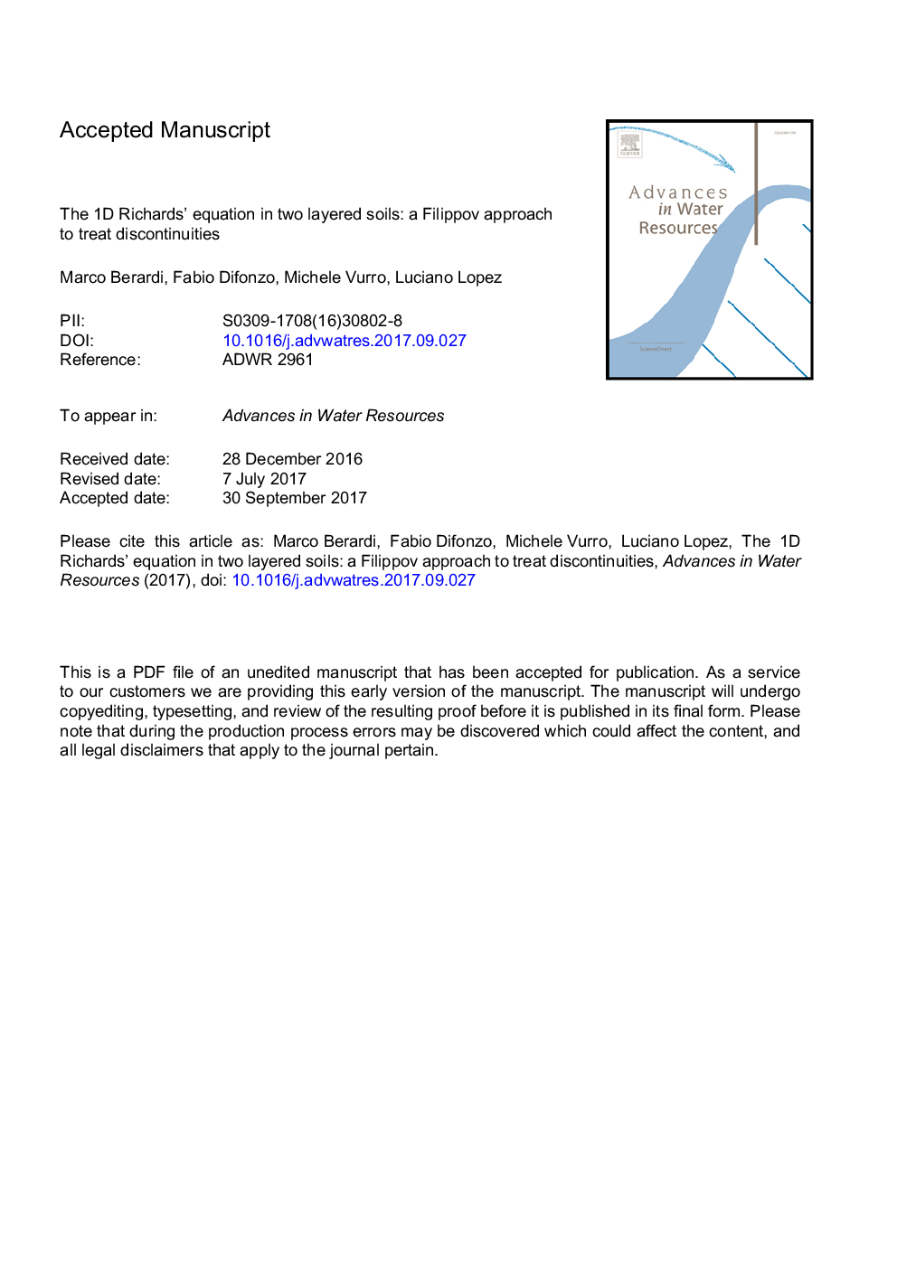 The 1D Richards' equation in two layered soils: a Filippov approach to treat discontinuities