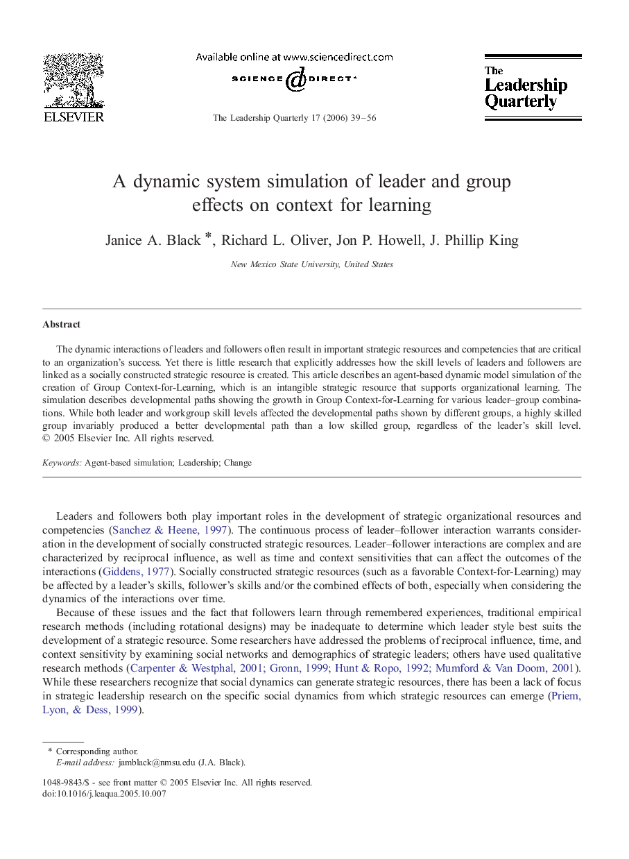 A dynamic system simulation of leader and group effects on context for learning