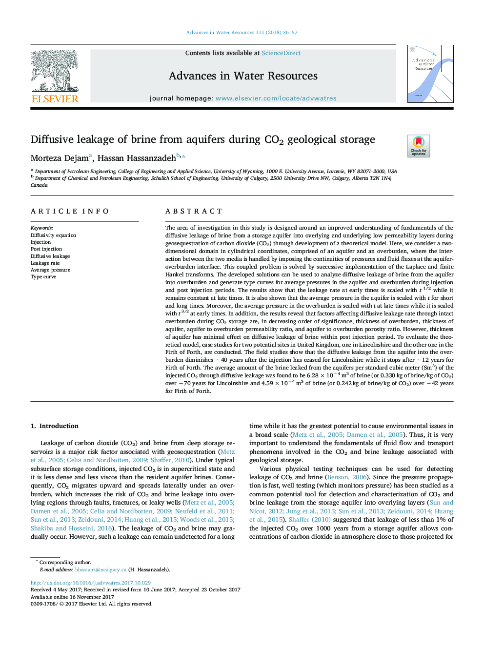 Diffusive leakage of brine from aquifers during CO2 geological storage
