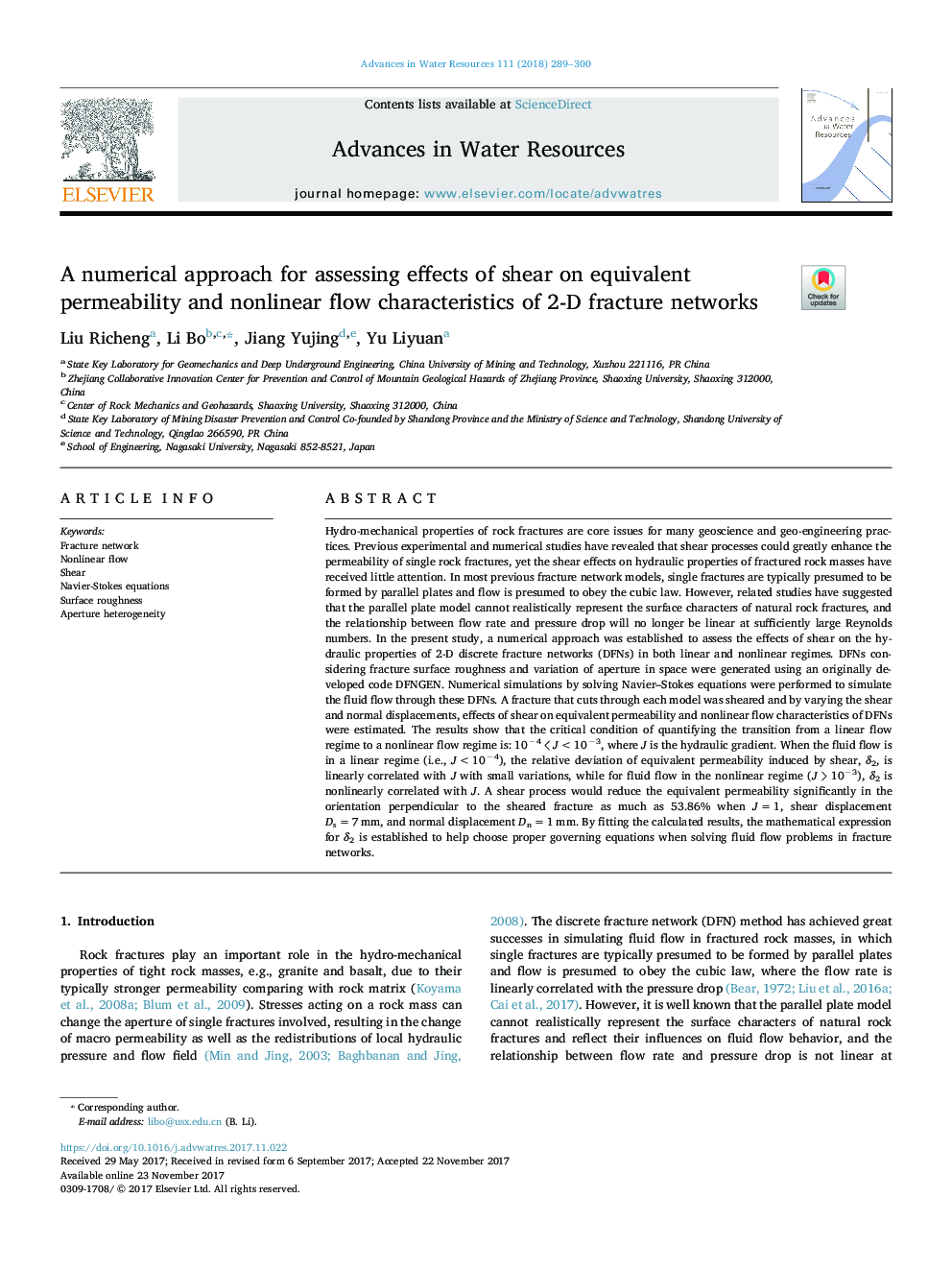 A numerical approach for assessing effects of shear on equivalent permeability and nonlinear flow characteristics of 2-D fracture networks