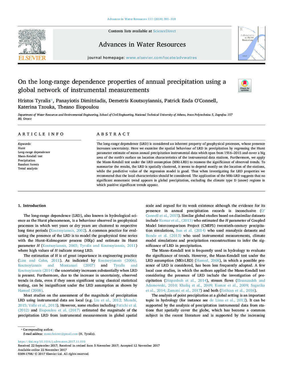 On the long-range dependence properties of annual precipitation using a global network of instrumental measurements