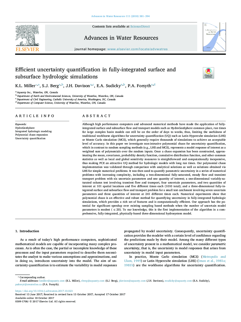 Efficient uncertainty quantification in fully-integrated surface and subsurface hydrologic simulations