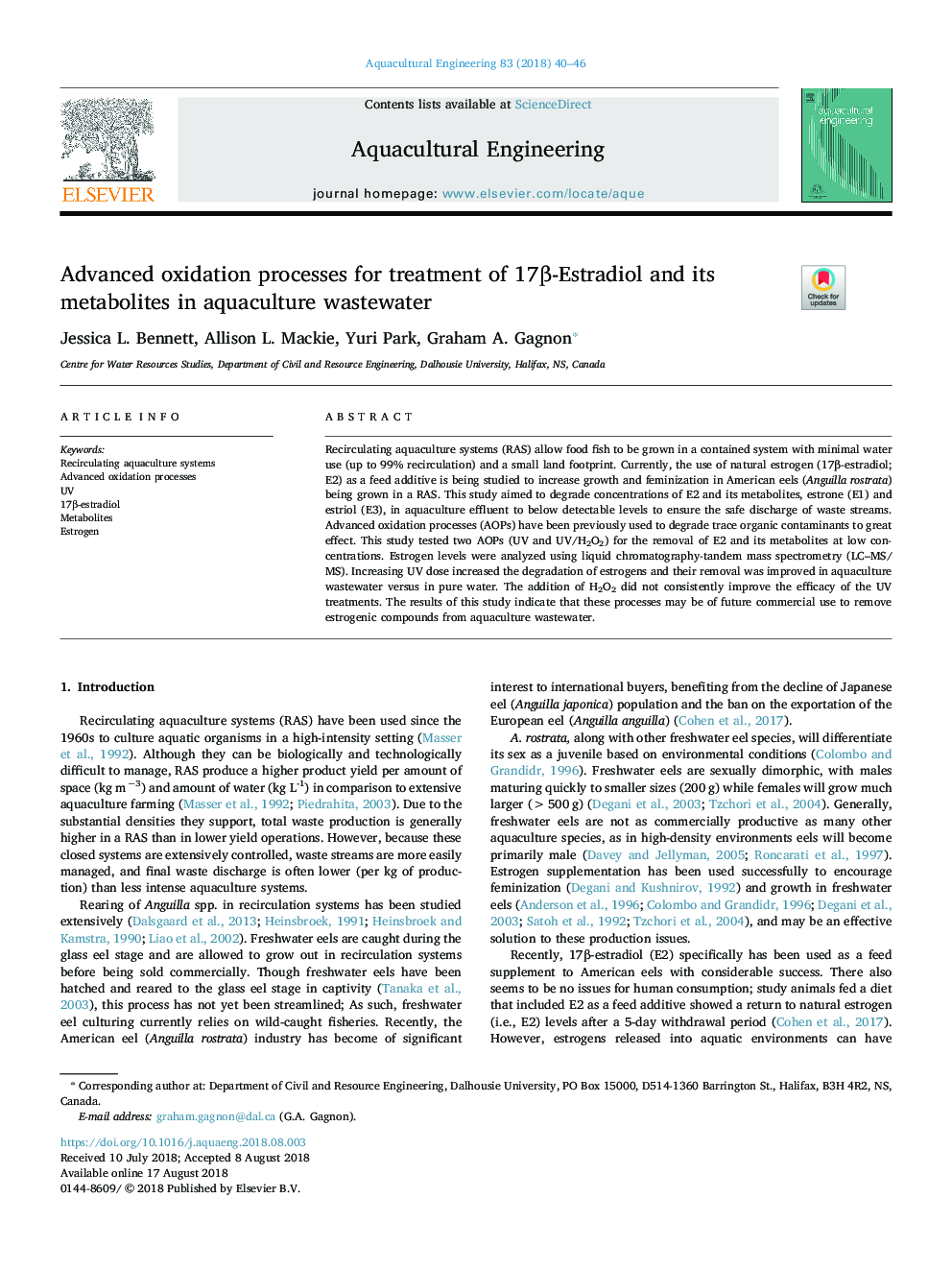 Advanced oxidation processes for treatment of 17Î²-Estradiol and its metabolites in aquaculture wastewater