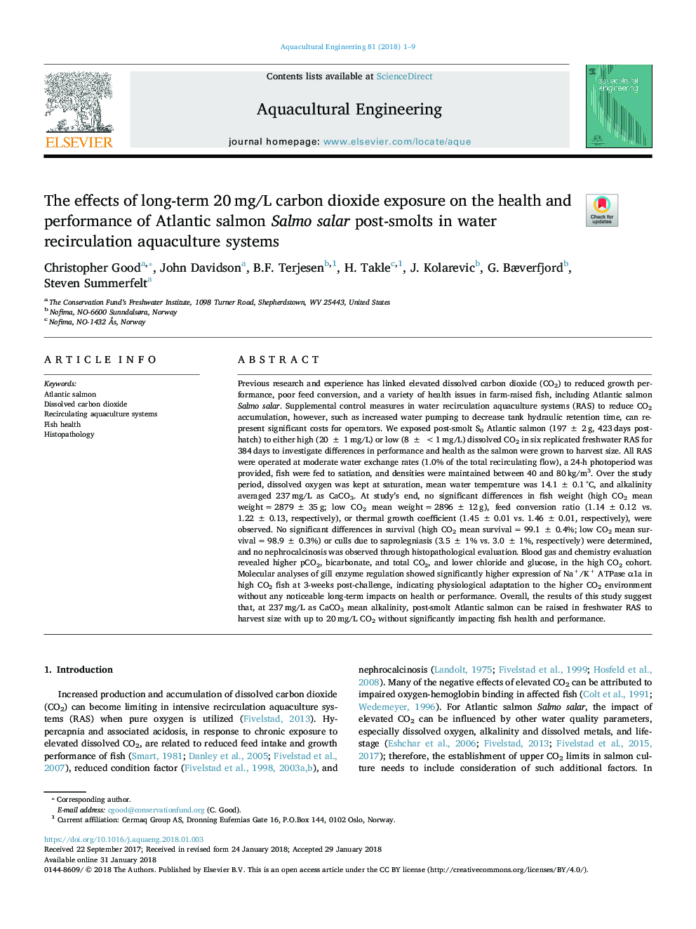 The effects of long-term 20â¯mg/L carbon dioxide exposure on the health and performance of Atlantic salmon Salmo salar post-smolts in water recirculation aquaculture systems