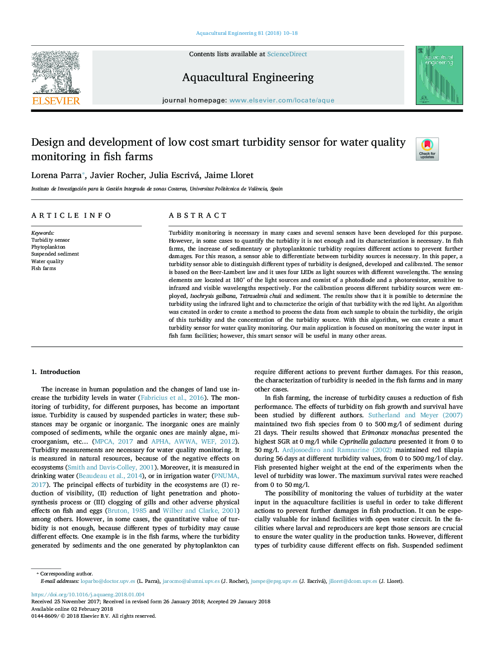 Design and development of low cost smart turbidity sensor for water quality monitoring in fish farms