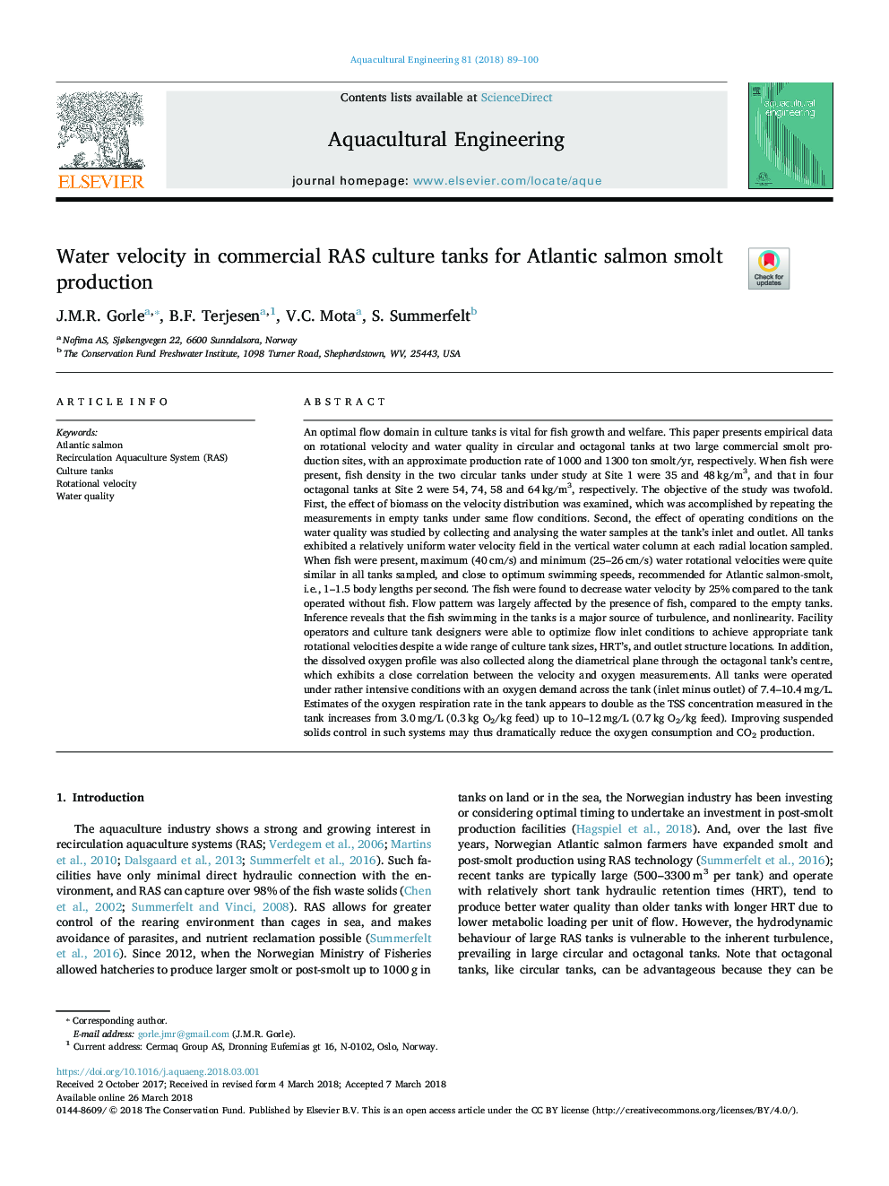 Water velocity in commercial RAS culture tanks for Atlantic salmon smolt production