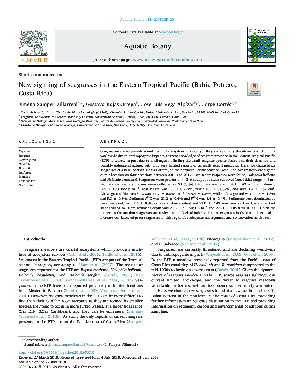 New sighting of seagrasses in the Eastern Tropical Pacific (BahÃ­a Potrero, Costa Rica)