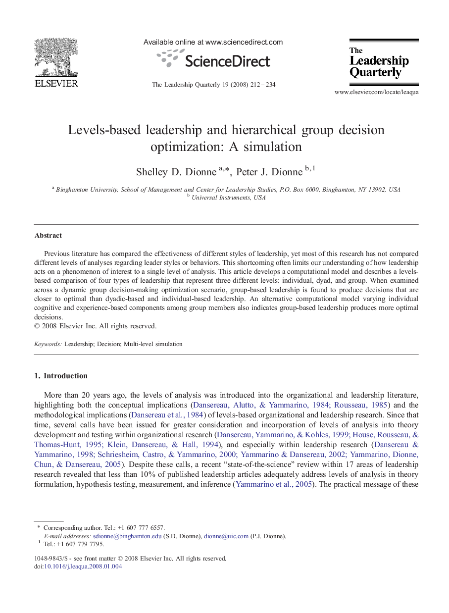 Levels-based leadership and hierarchical group decision optimization: A simulation