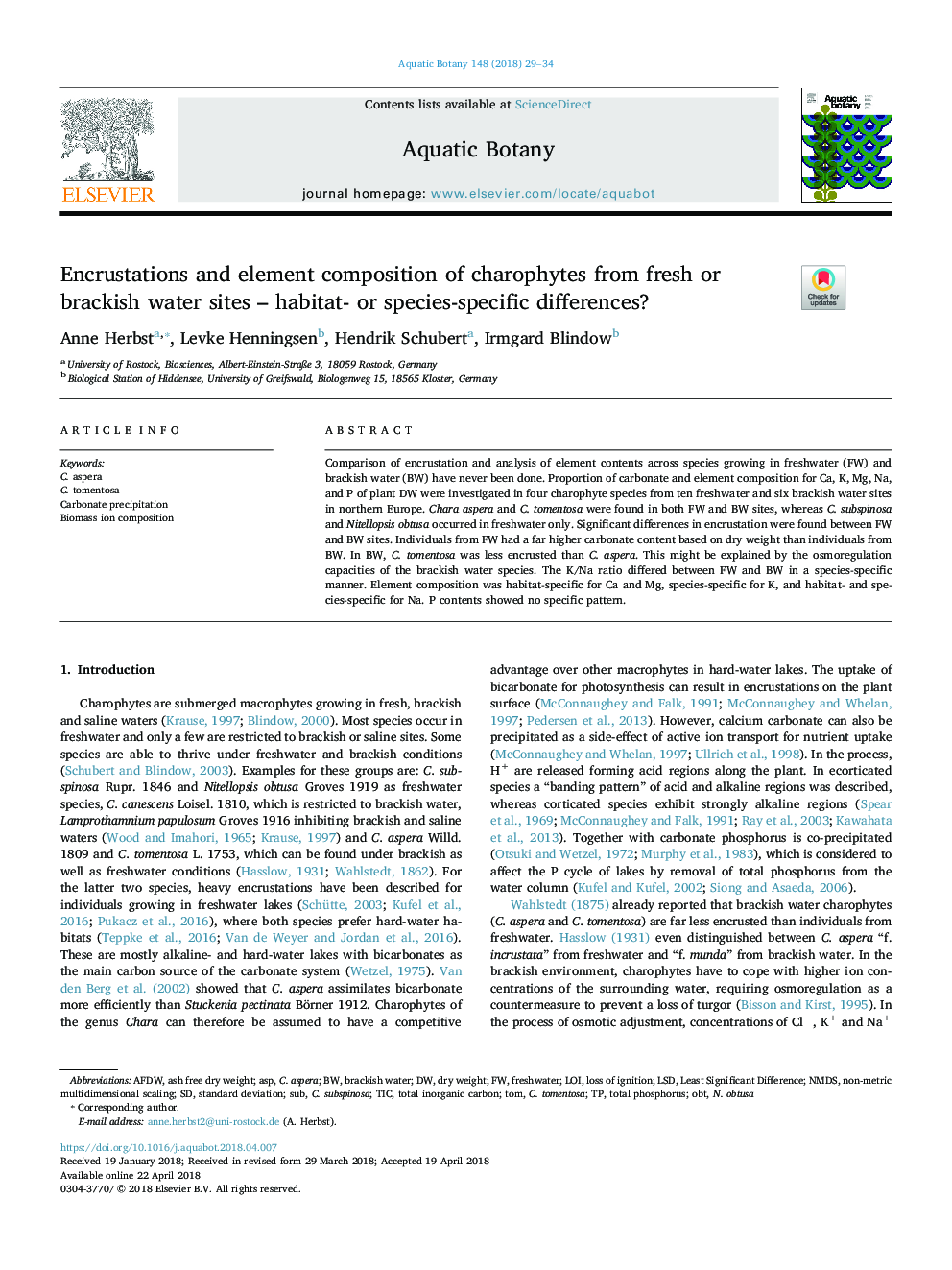 Encrustations and element composition of charophytes from fresh or brackish water sites - habitat- or species-specific differences?